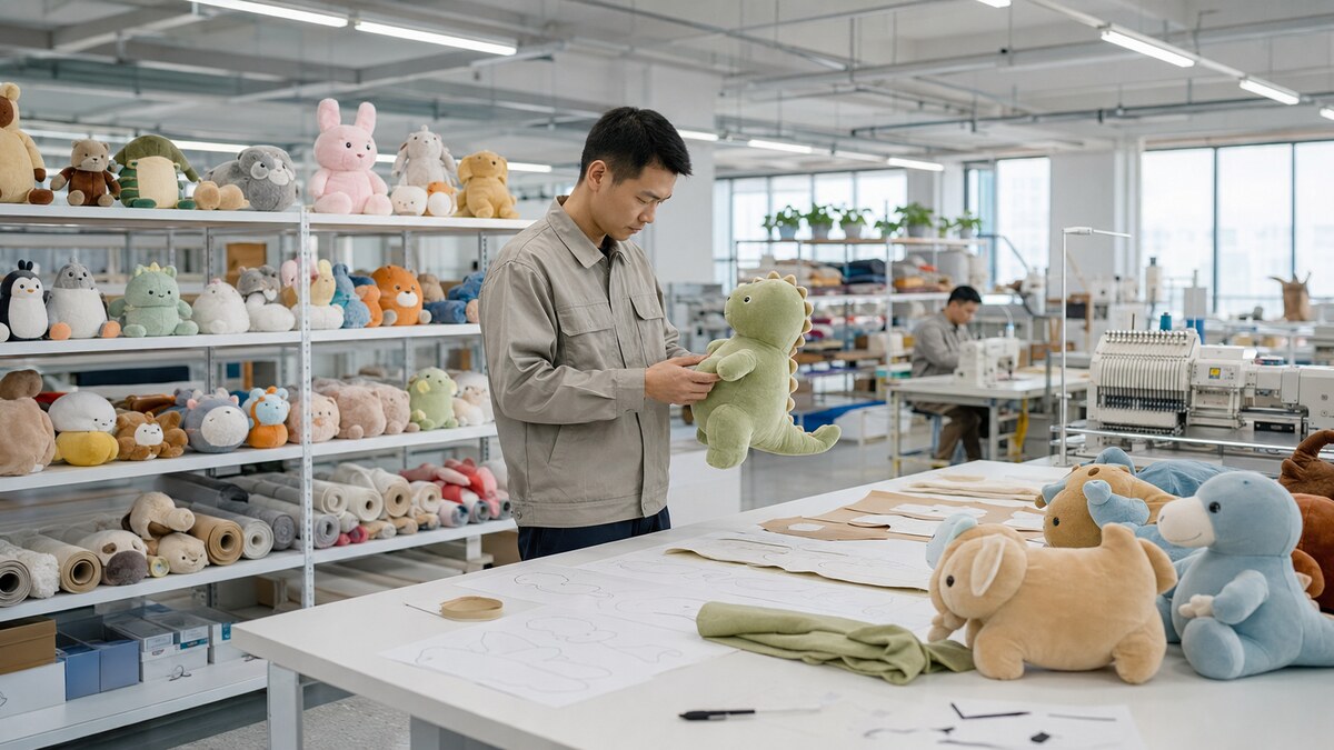 東莞のぬいぐるみOEM工場で量産サンプルを確認する品質担当者