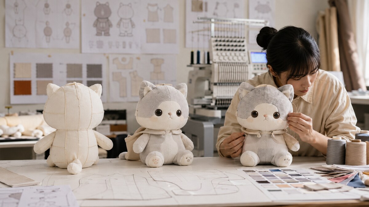 東莞でオリジナルキャラクターぬいぐるみを試作する開発現場