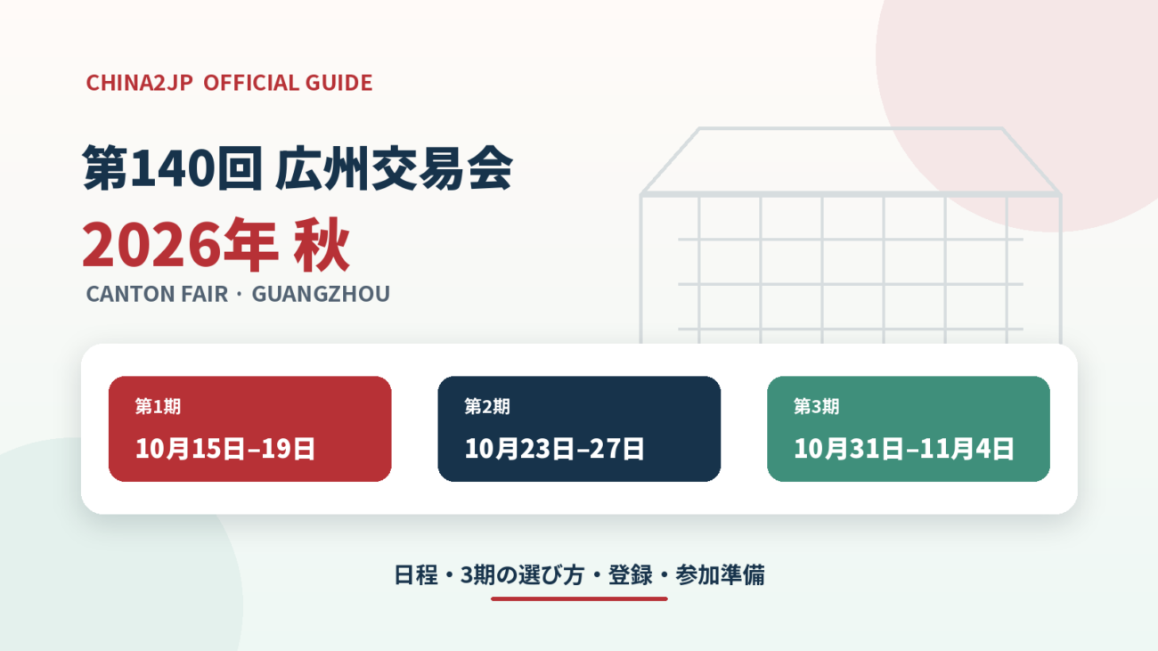 第140回広州交易会2026年秋の日程と3期の開催日を示すChina2JP案内画像