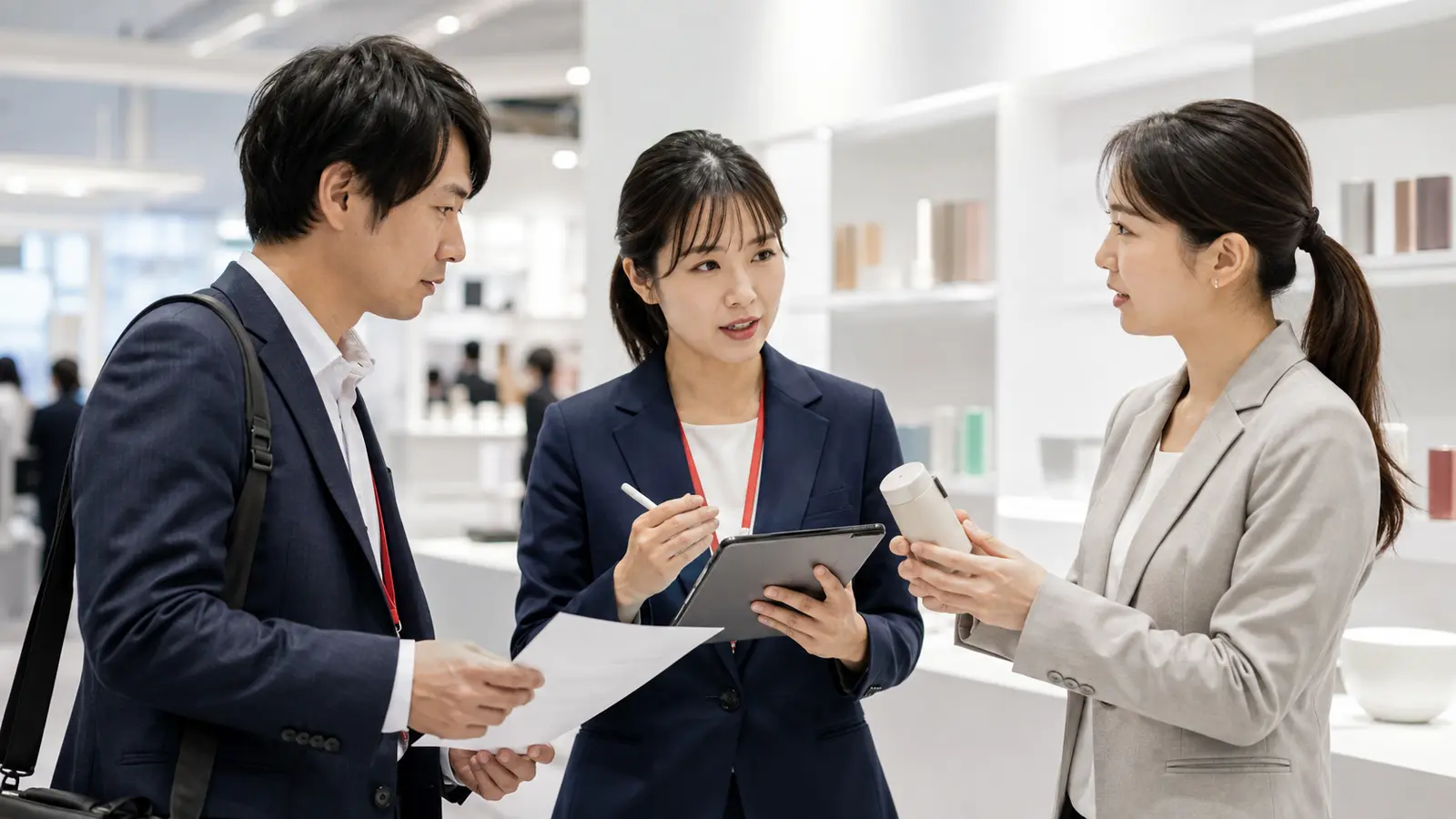 広州交易会の商談で日本語通訳を介して商品仕様を確認する日本企業の担当者